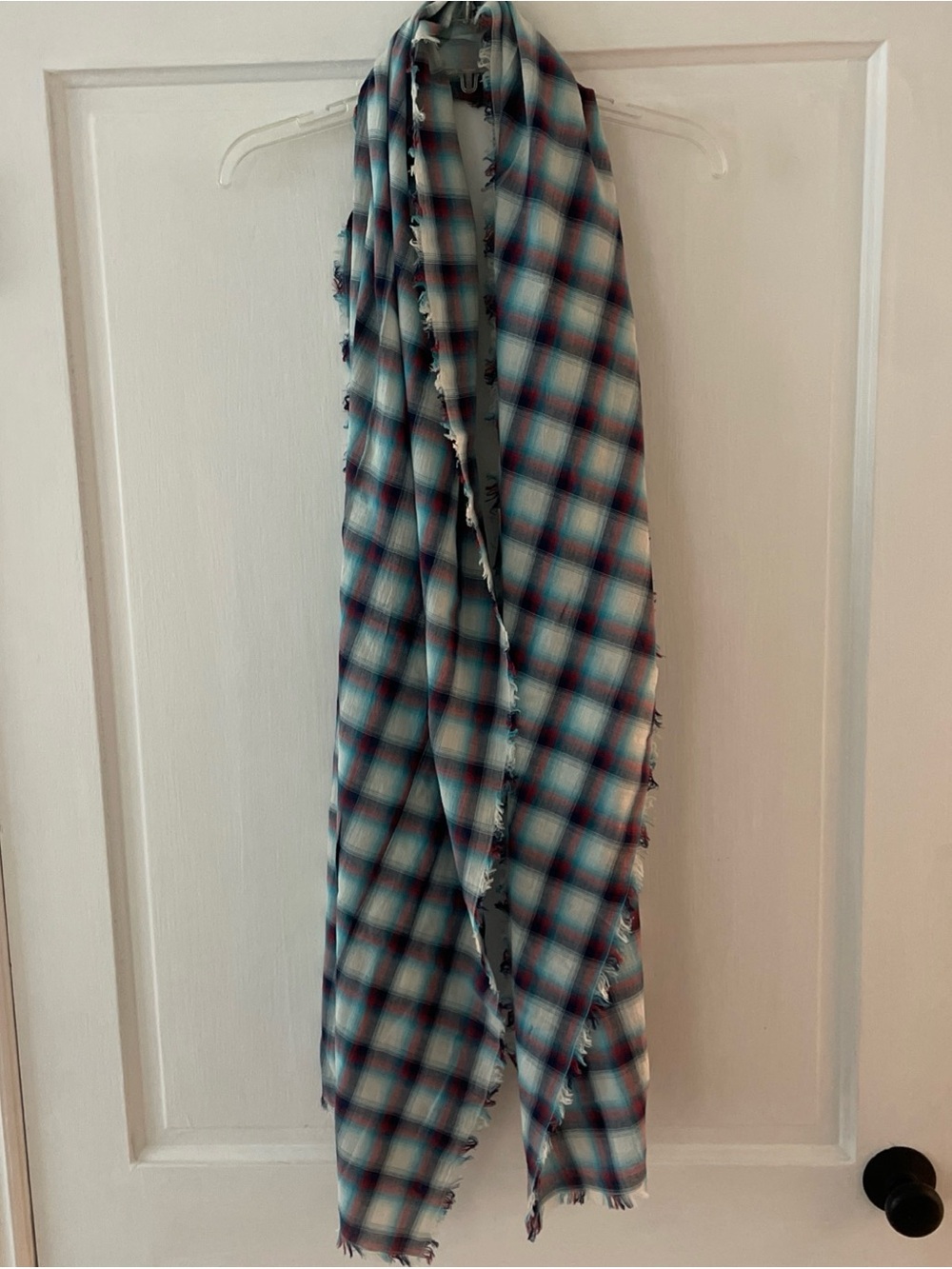 Gap Plaid Lightweight Fringe Scarf Shawl Wrap Blue Pink One Size